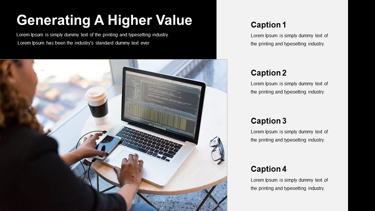 Slide featuring a person using a laptop with coding software, a coffee cup on the table, and four captions on the right.