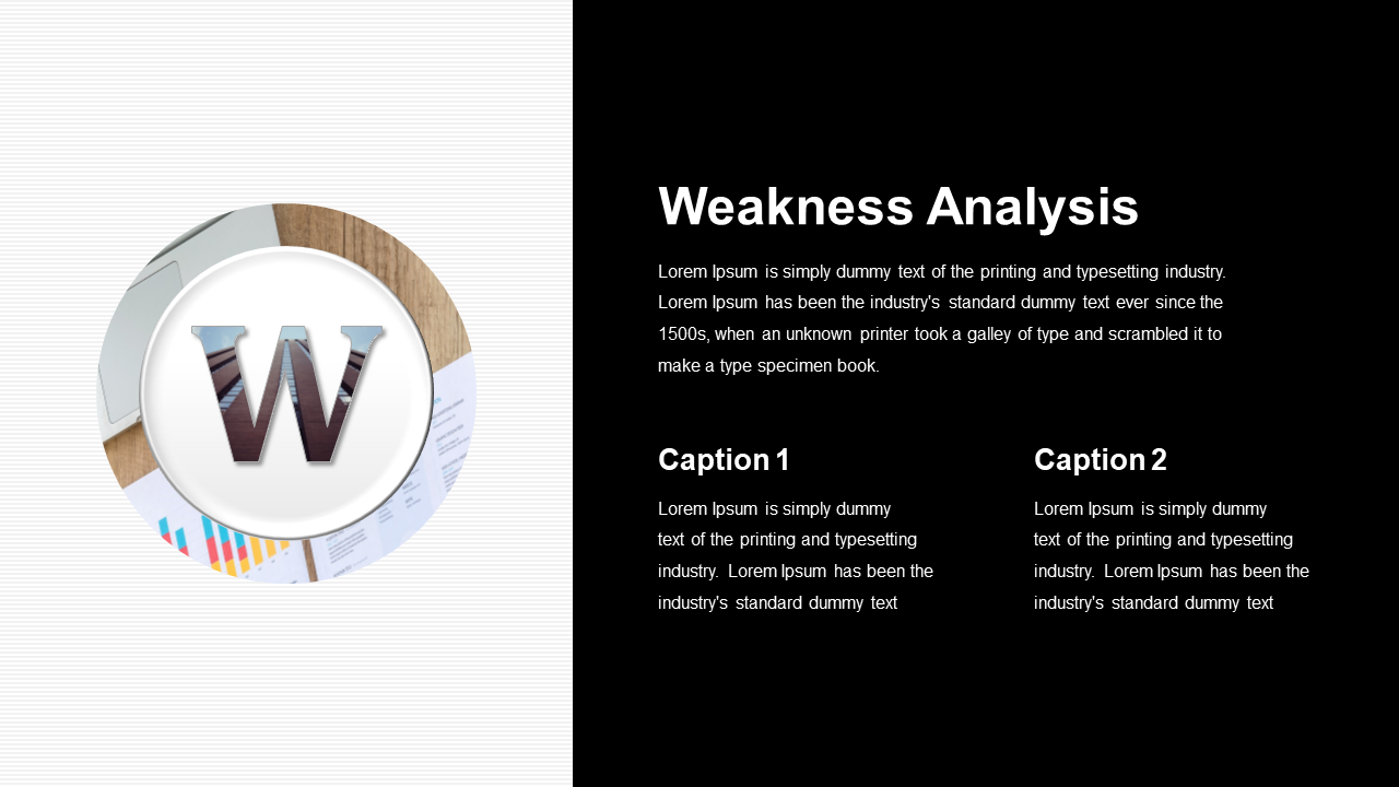 Weakness slide divided into two parts of black background with white text, and a circular office themed image on the left.
