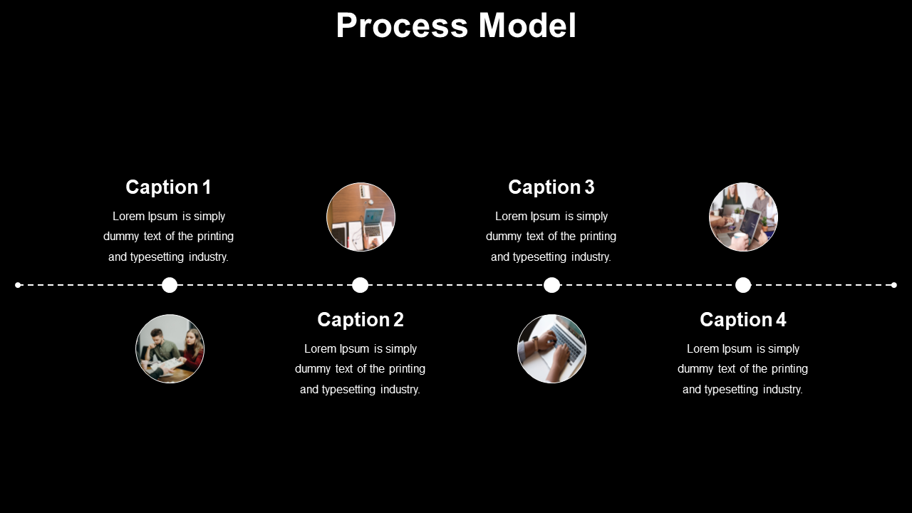 Black slide showing a horizontal dotted timeline with four circular image nodes and captions neatly placed above and below.