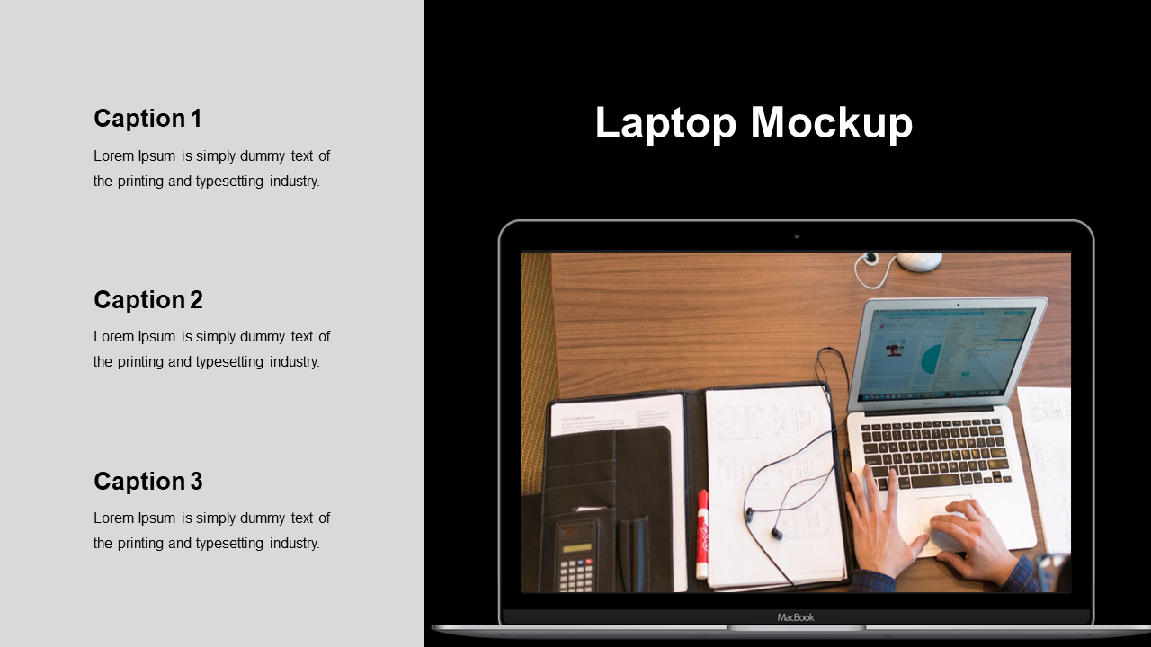Slide with grey sidebar containing three captions, and a black background featuring a laptop mockup displaying workspace.