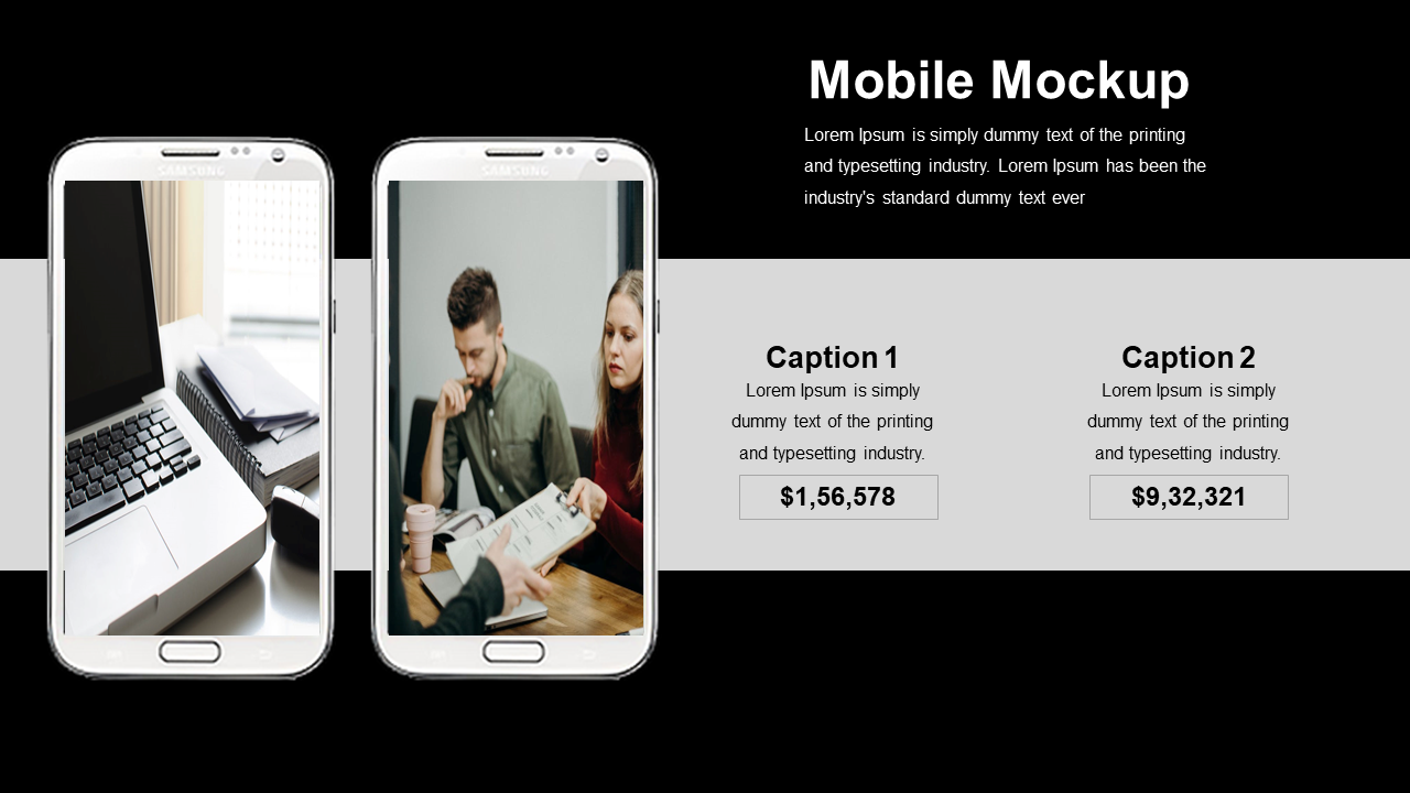 Slide with two smartphone mockups showing office and meeting images, black header area, grey content sections with text.