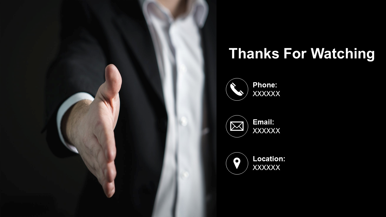 Slide with dark background, featuring man in suit offering handshake, clear white text and contact icons on right panel.