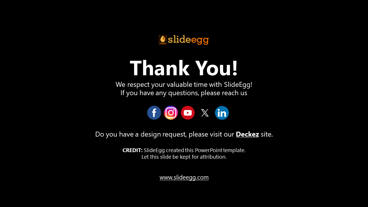 Dark thank you slide with white text, central social media icons in colorful circles on a minimalist black background.