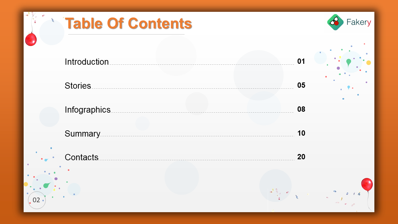Table of contents on a white backgdrop with orange title, dotted lines, and circular decorations in pastel and festive tones.