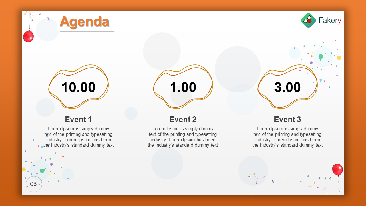 Three orange bordered blobs with event times, on a white background with faint circles and festive corner confetti.