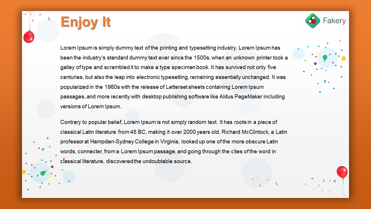 Centered text on white with gray circle accents, orange header, and colorful confetti and balloon designs in the corners.