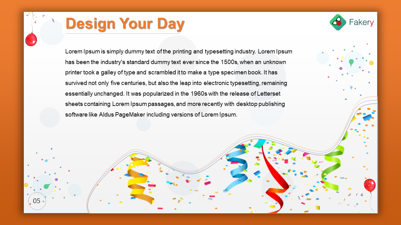 Text on white background with circular shapes, bottom edge decorated with colorful streamers and confetti on a curved border.