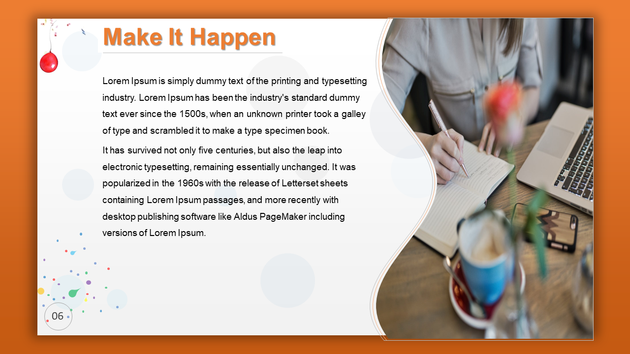 Left aligned text on white with soft gray circles, and right side curved photo of a person writing, with orange border.
