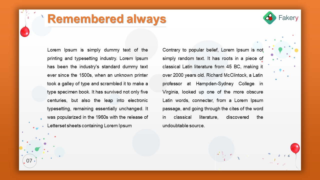 Two column layout with black serif text on white, rounded gray circles in background and a soft orange border edge.