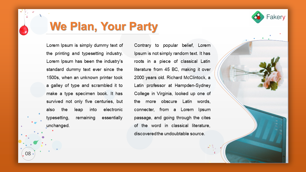 Two column text layout on a white background with an abstract curved image frame on the right showing teal and floral tones.