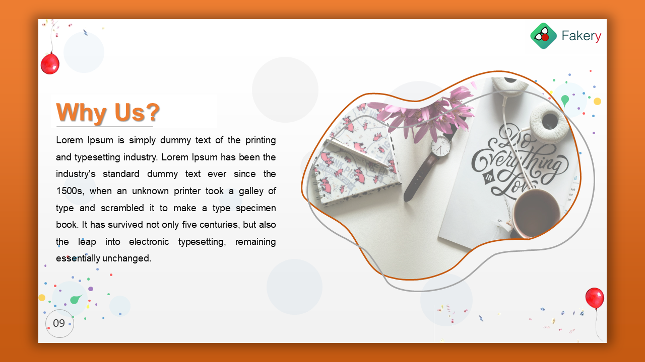 Slide with left aligned text and a curvy orange bordered image on the right showing a flat lay with notebooks and a watch.