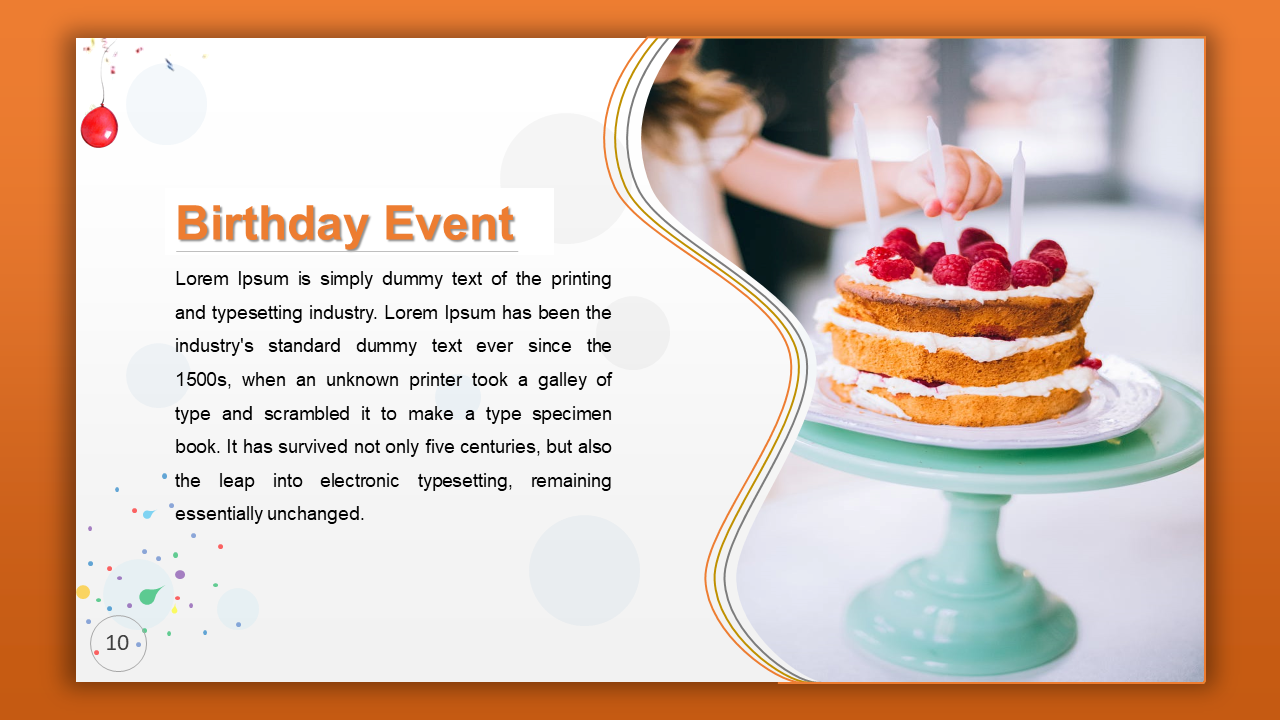 Split layout with text on left and layered birthday cake with raspberries, separated by a flowing orange accented wave.
