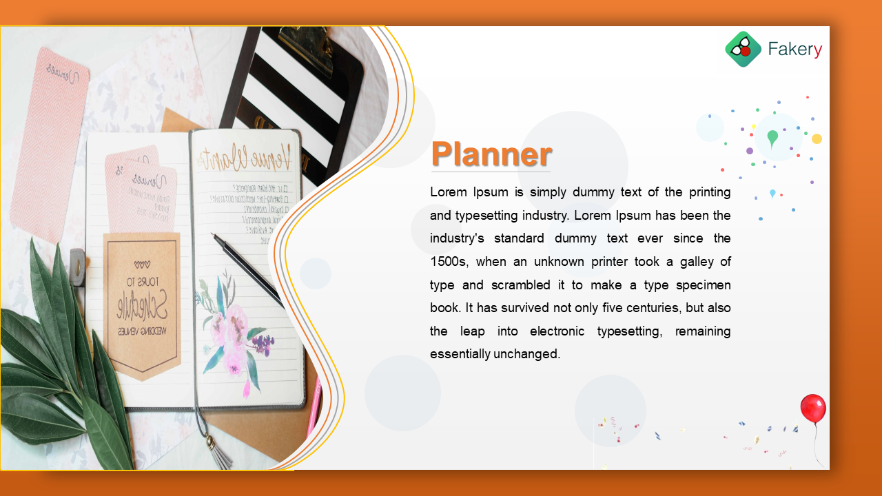 Slide with floral planner tools of a notepad, cards, and pen, and white curved section with orange heading on right.