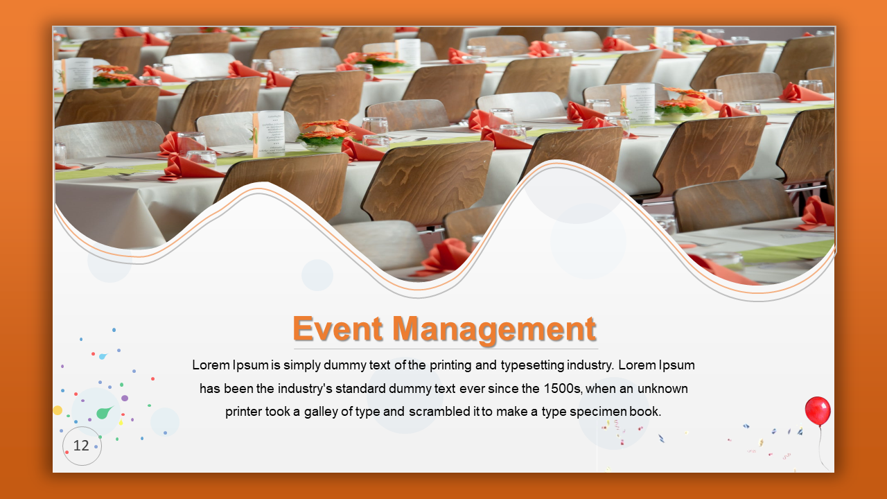 Wavy white overlay cuts across a banquet hall image with brown chairs, white tables, and red napkins.