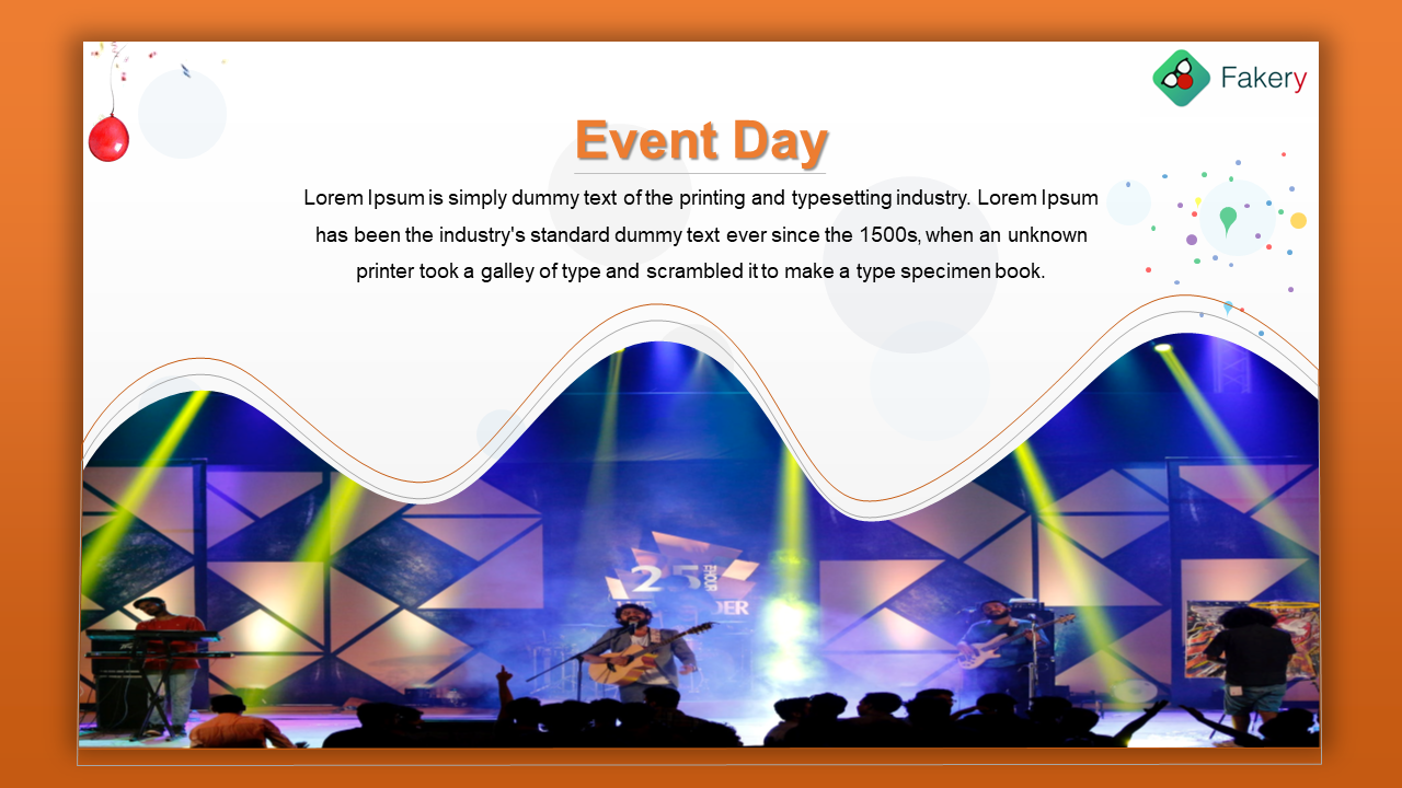 Bold orange header above curved white wave revealing a concert scene with bright yellow and blue spotlights.