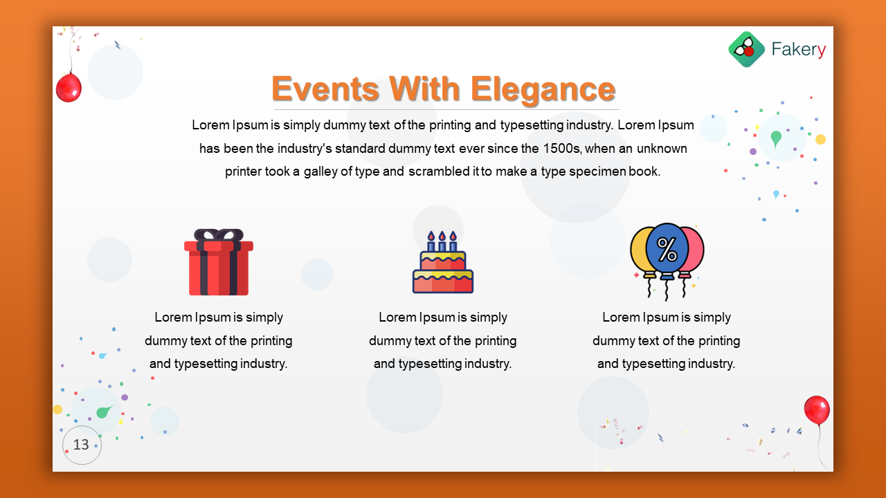 White background with three colorful flat icons of a gift box, cake, and balloons, arranged in a row with text below.