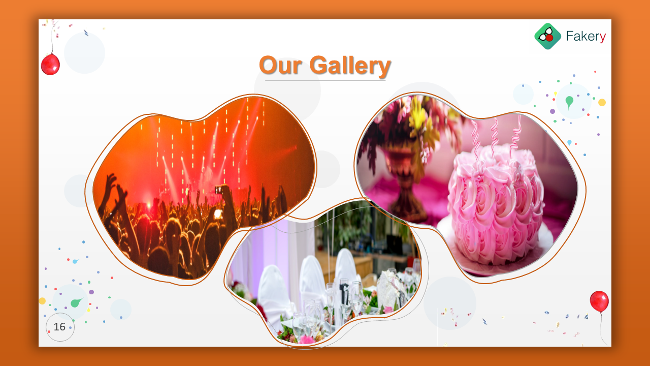 Three wavy frames show a concert, a pink birthday cake, and a formal dining setup on a white background with confetti dots.