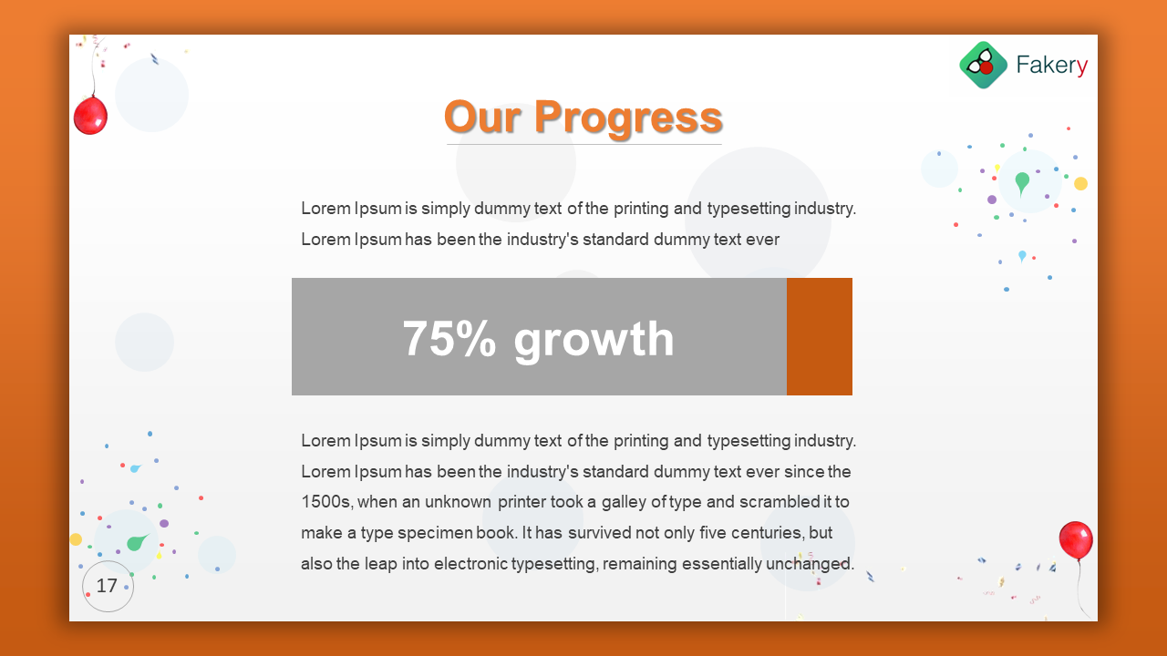 Horizontal progress bar in gray and orange with text in center, set on a white background with confetti and balloon accents.