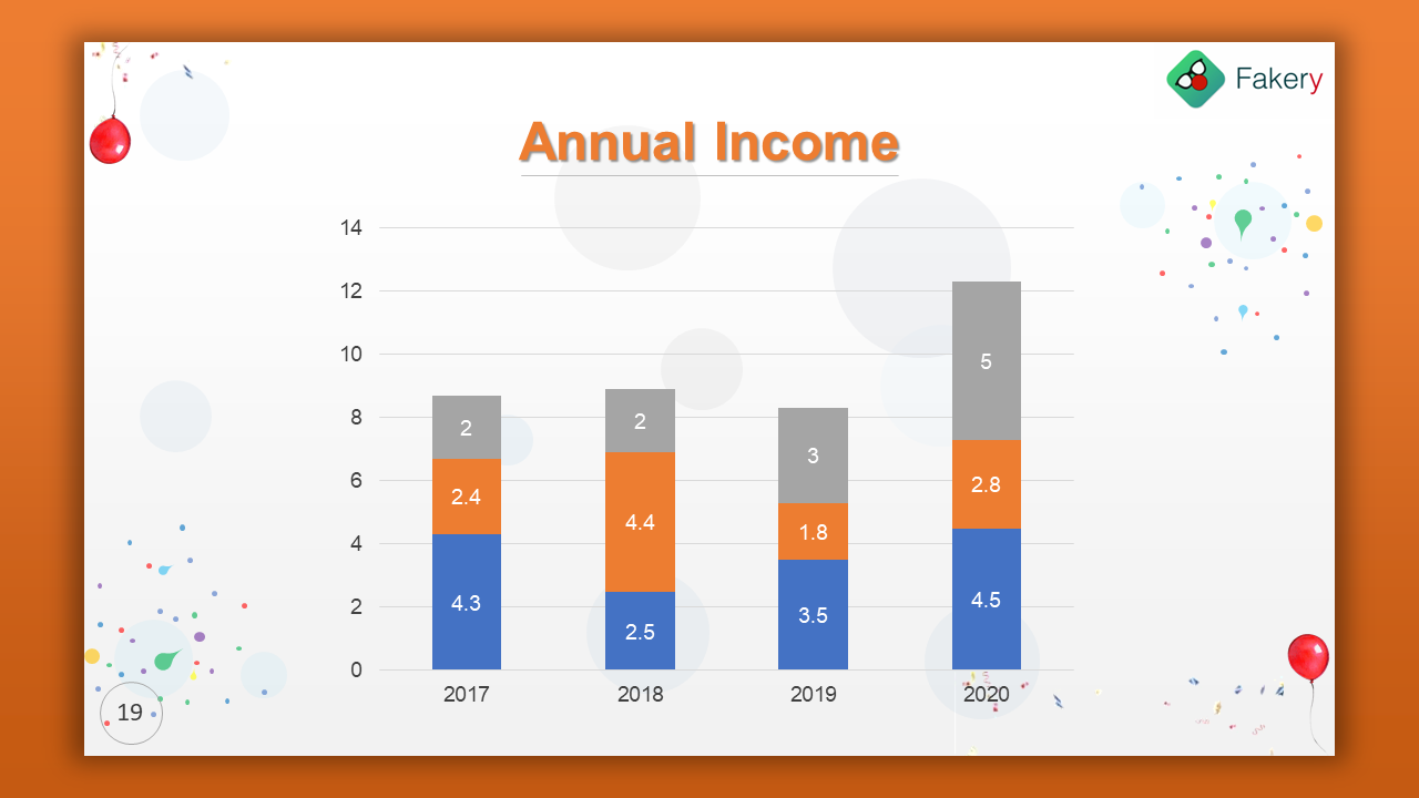 Vertical stacked bar chart with gray, orange, and blue sections over a white background with circular graphics and confetti.