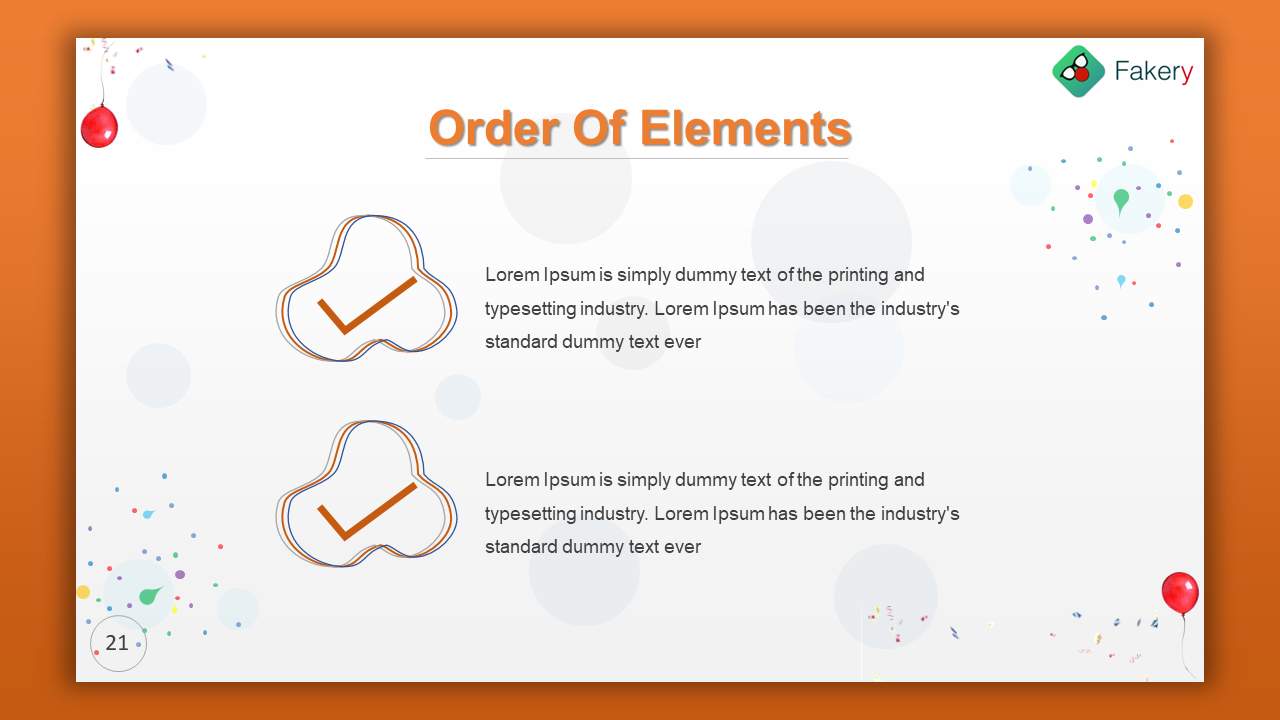 White layout with orange header, featuring two abstract shapes with checkmarks, and aligned text to the right.