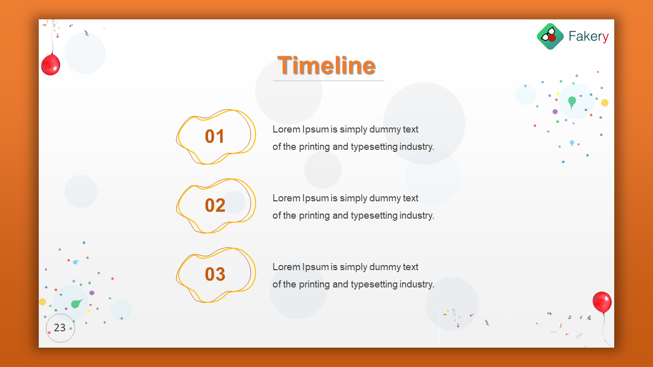 Vertical timeline slide with orange abstract shapes numbered 01 to 03, paired with placeholder text and festive decorations.