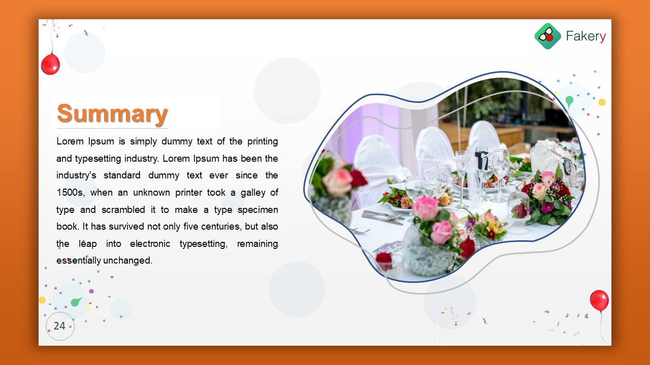Summary slide with orange title, and elegant table setting photo in abstract frame, and text on a festive white background.