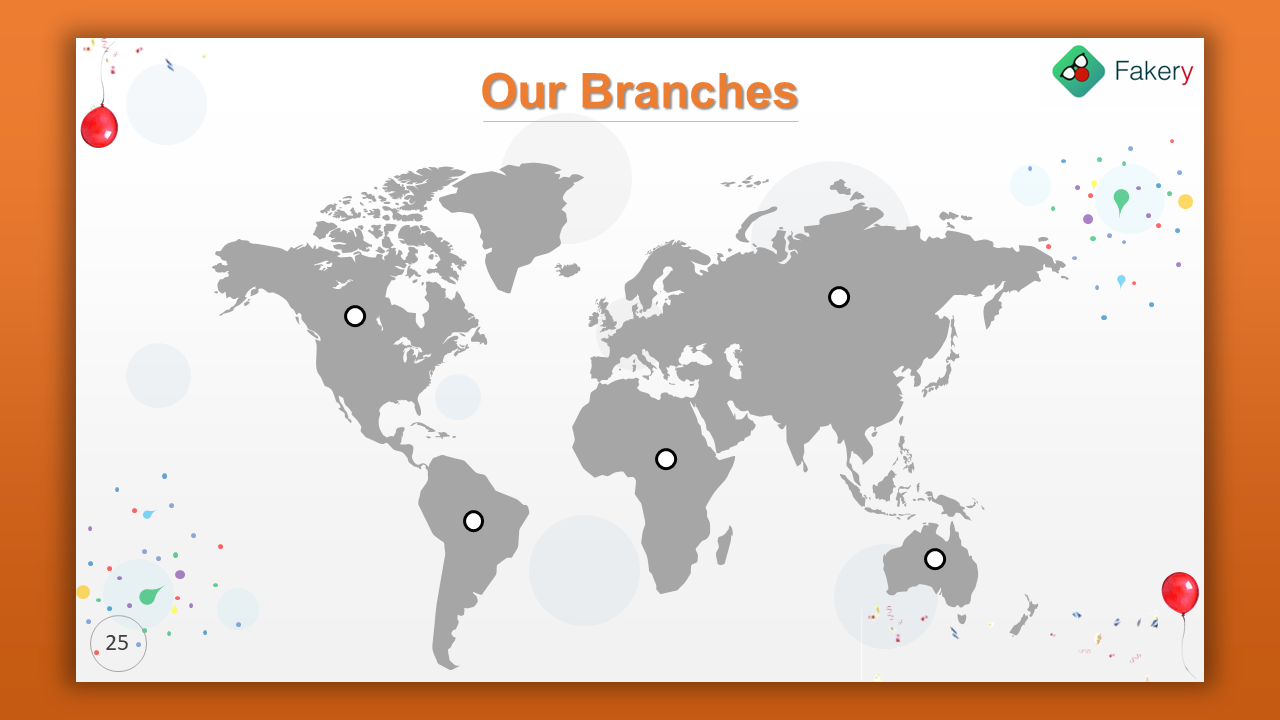 White and orange themed slide with grey world map and five black outlined circles marking branch locations.