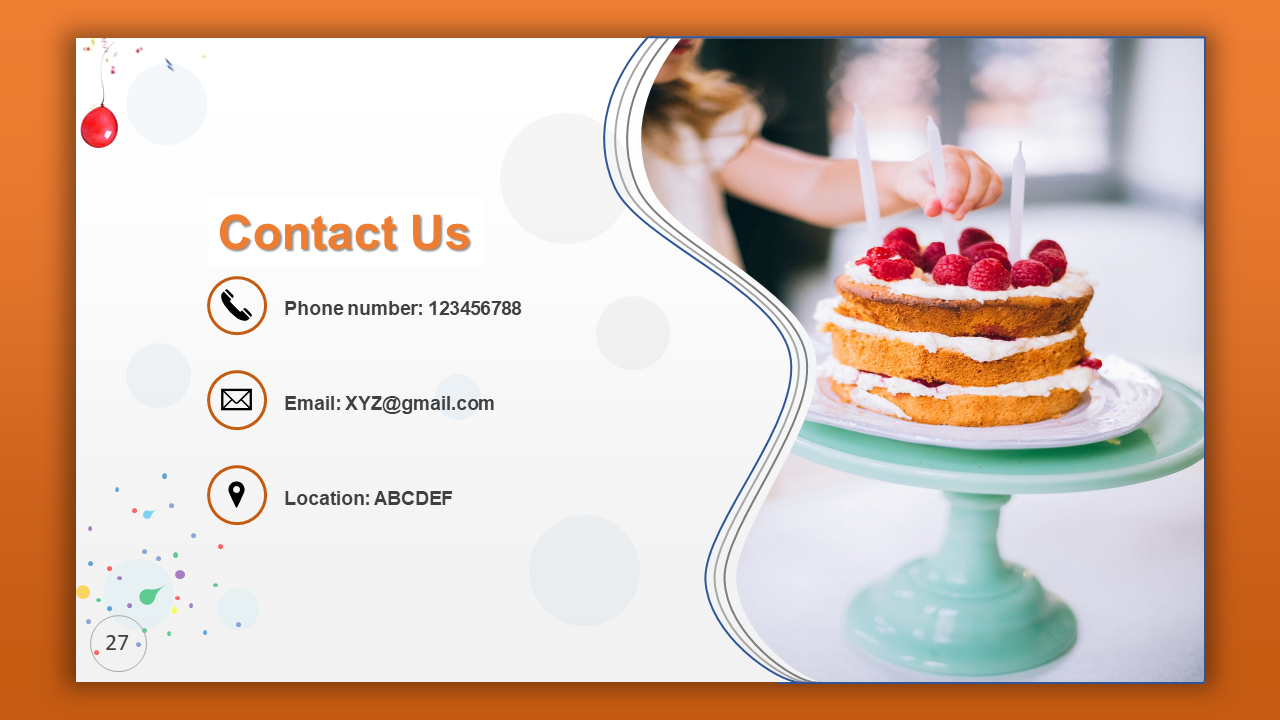 Slide with curved split design shows contact info with icons, and right features a cake topped with raspberries.