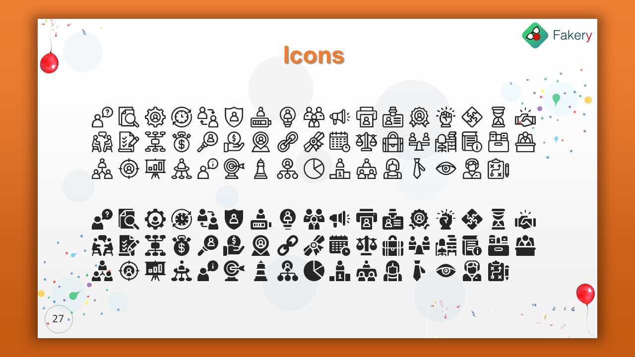 Slide with black outline and filled business icons, in two horizontal sections, with celebratory dots and an orange border.