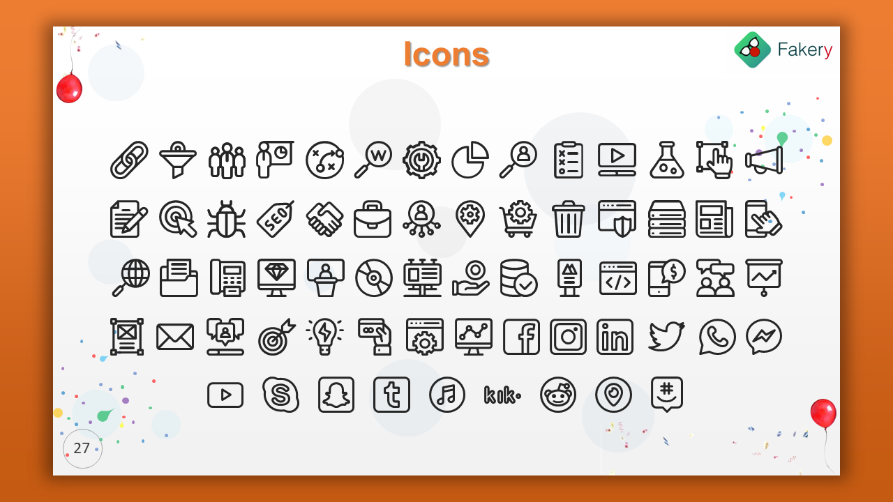 Grid of black outline icons on a white slide with an orange border and colorful celebratory decorations.