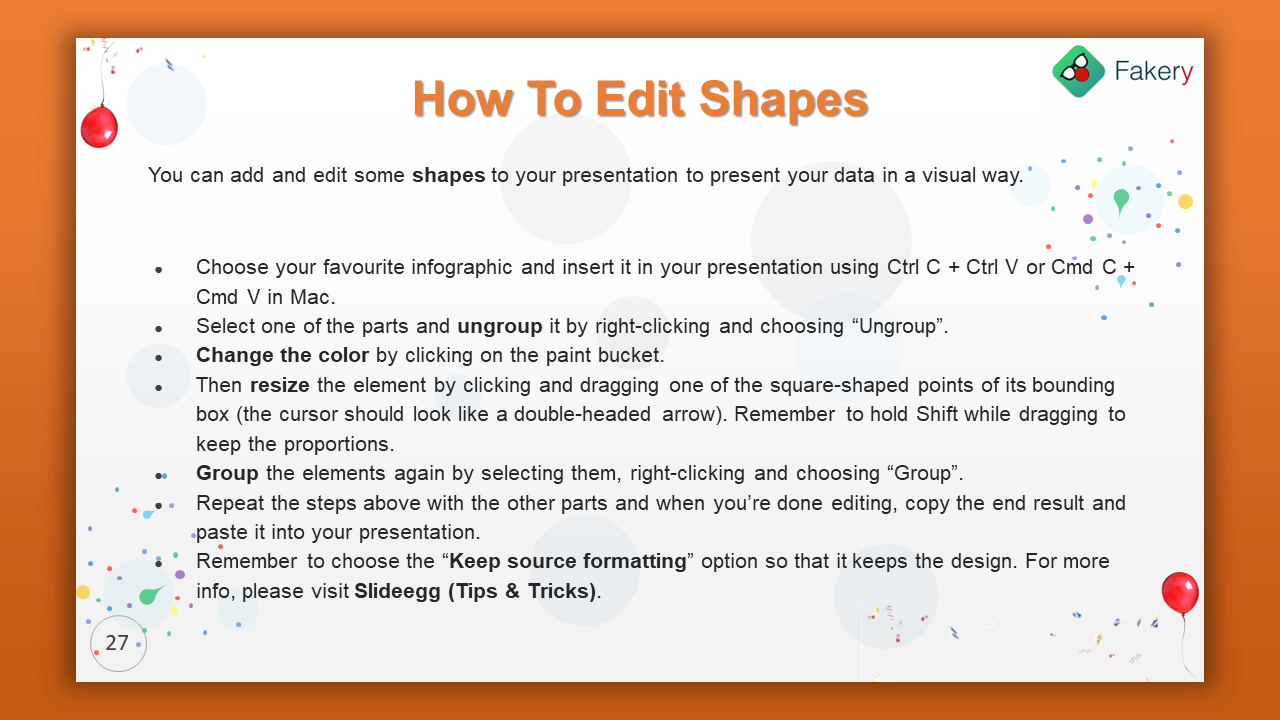Slide with orange framed background and shape editing steps in black bullet list format, with festive dots and balloons.
