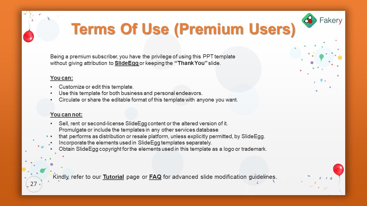 White slide with header, confetti accents, and bullet point terms of use for premium users framed in an orange background.