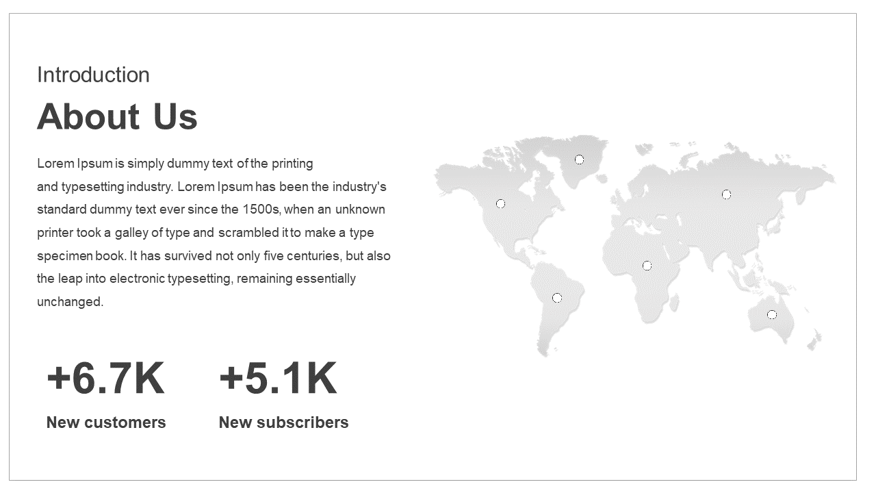 Slide featuring a world map with black dots highlighting various locations, and statistics about customers and subscribers.