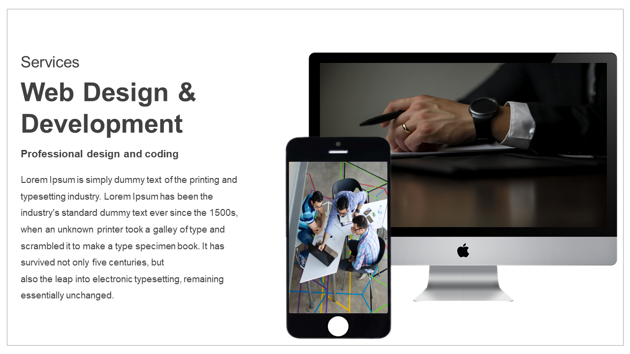Slide with images of a phone and computer, featuring a workspace scene, paired with bold text describing web design services.
