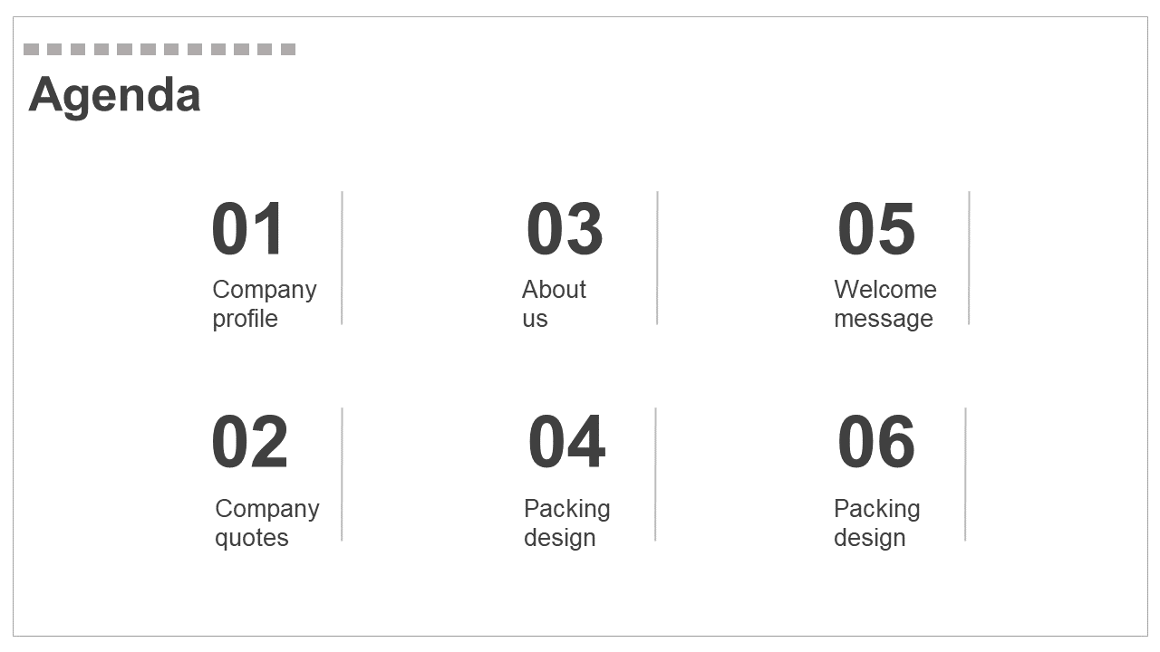 Agenda slide with six numbered points and simple text separated by vertical lines, set against a white background.