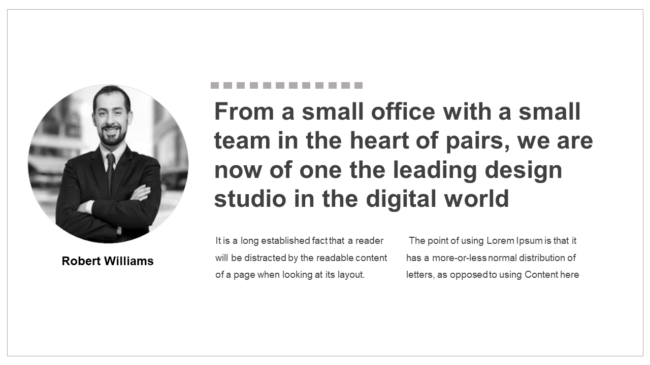 Slide with a circular professional photo on the left and text blocks in black and gray, against a clean white background.