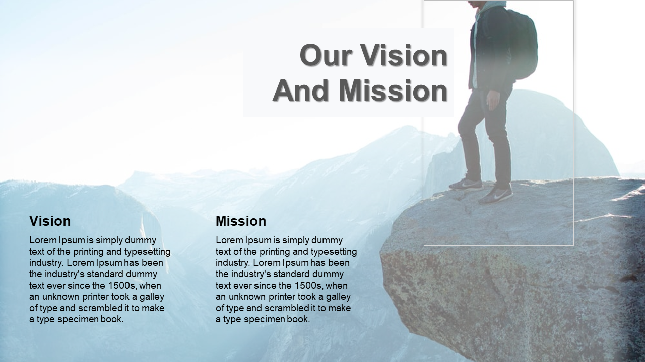 Vision and mission statement layout with a person on a mountain, contrasted against a soft landscape backdrop.