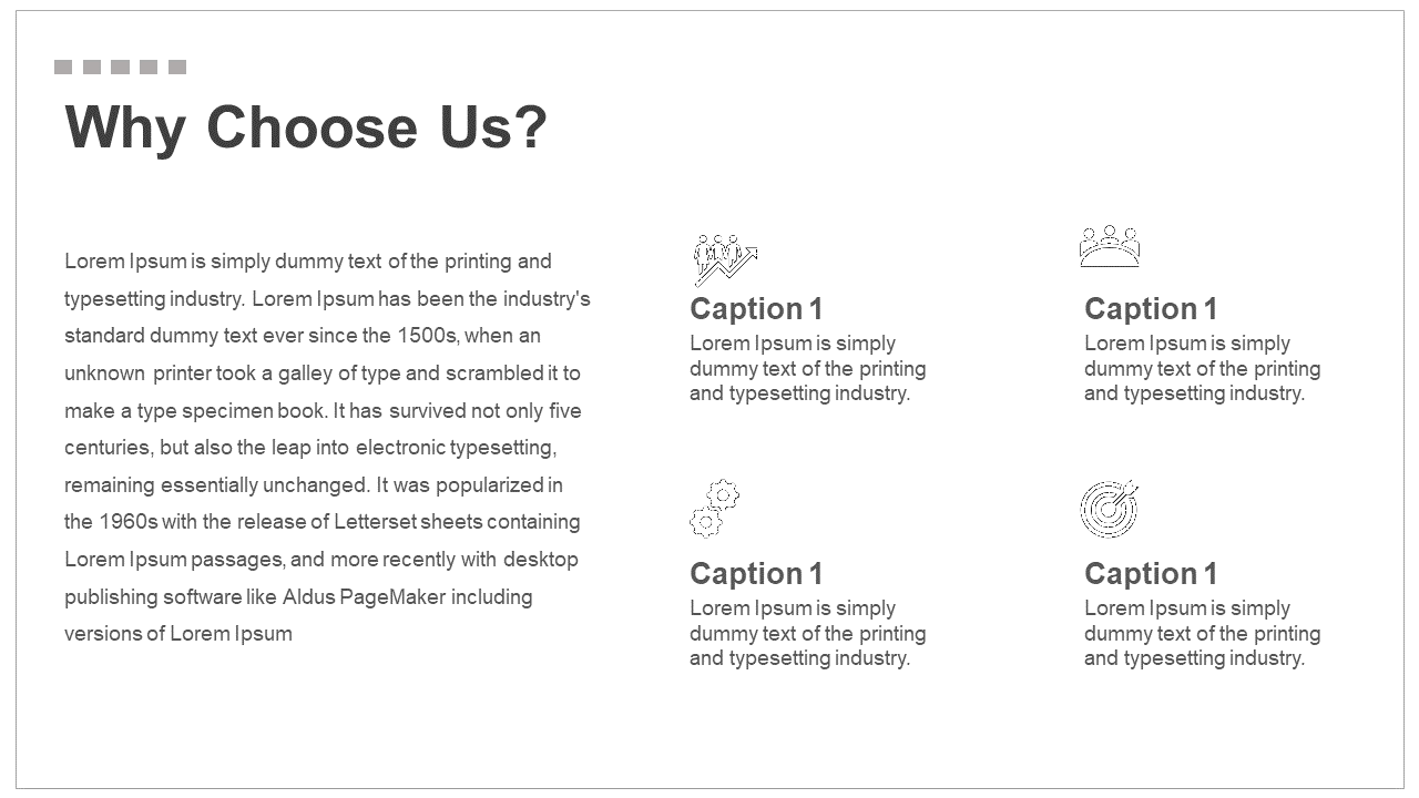 Grayscale slide with four icons representing growth, team, settings, and goals, with caption blocks on the right.