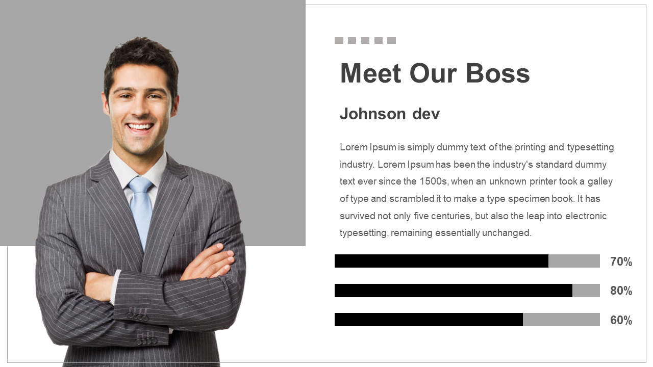 Professional portrait with a man in a suit against a gray background and text on the right with three progress bars below.
