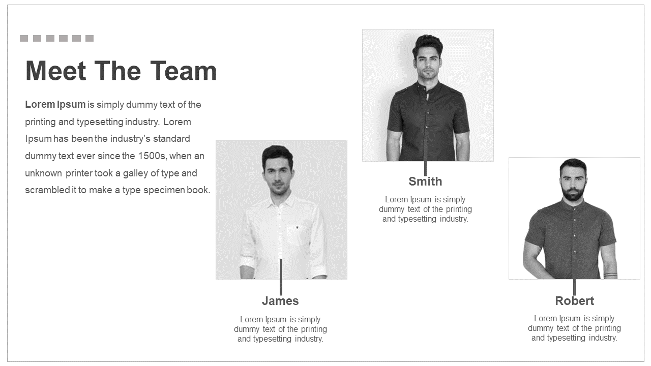 Team slide with three grayscale portraits aligned in a triangle layout with names below, on a white background.