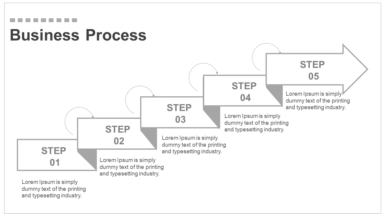 Step diagram with five grey blocks in a staircase layout, ending in a right pointing arrow, on a white background.