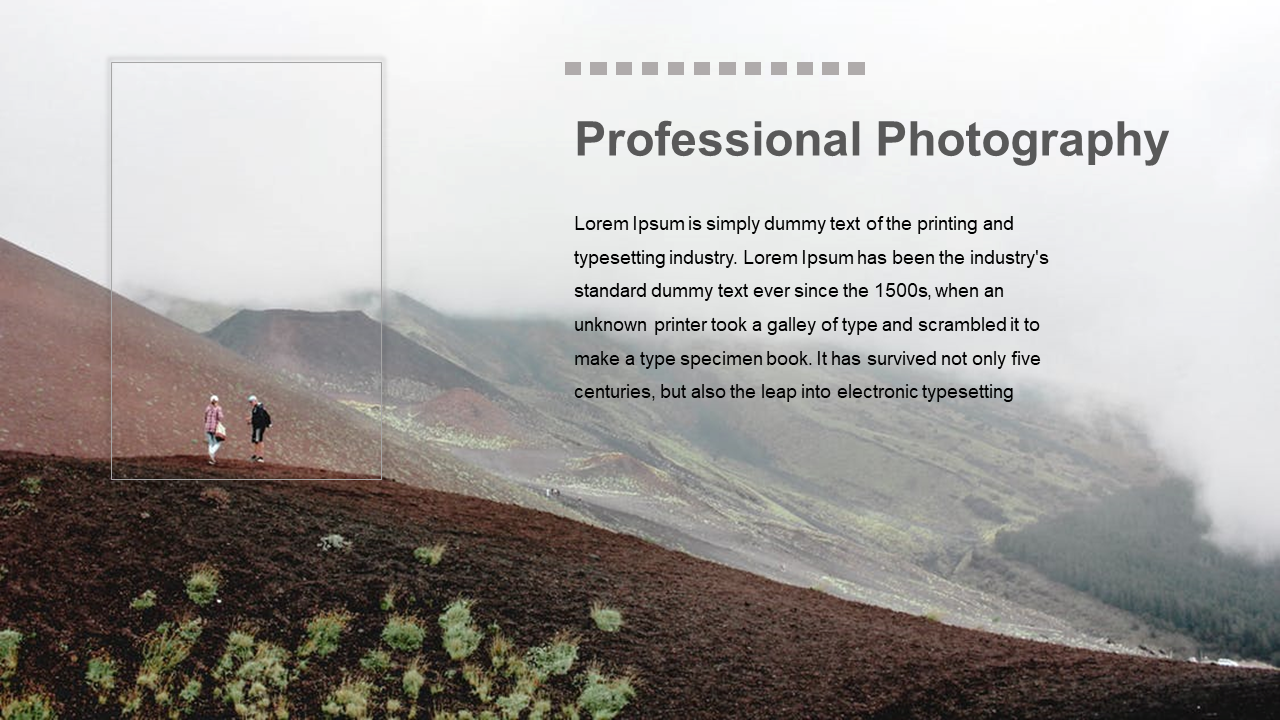 A scenic landscape with hikers on a misty hillside, paired with a text section about professional photography on the right.