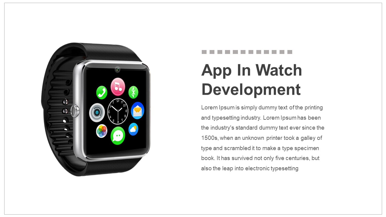 Smartwatch with a colorful app interface displayed on the screen, alongside title and text, on a white background.