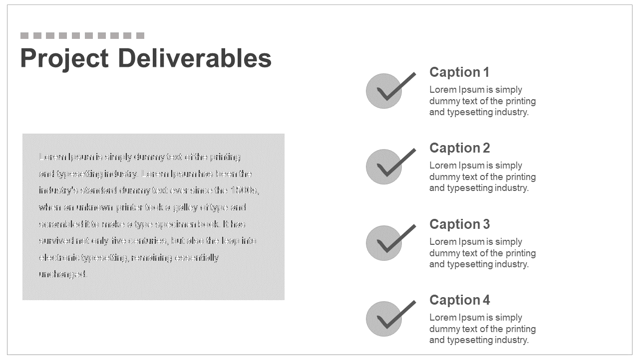 Slide with a gray text box, featuring four checkboxes aligned vertically with captions next to them in a minimalist style.