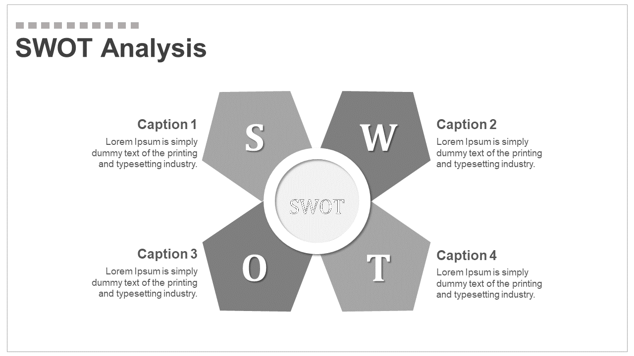 SWOT analysis layout with four gray pentagons arranged around a central circle, featuring labeled sections and clean text.
