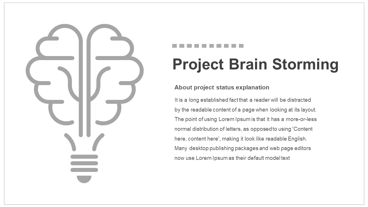 Outline of brain forming a light bulb in gray on left, and dark heading with text on the right, set on a white background.