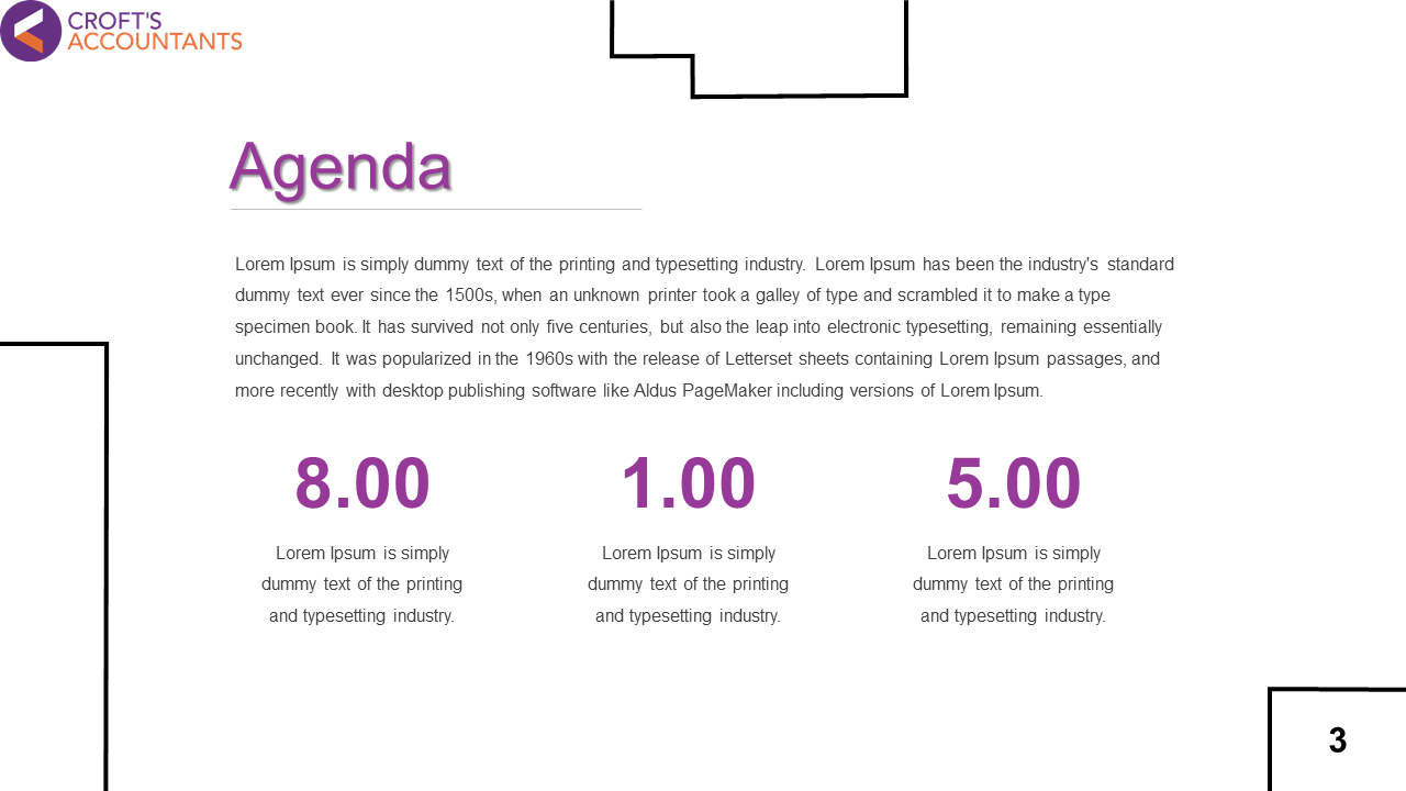 Agenda slide featuring three purple numbered sections with time slots, each followed by placeholder text.