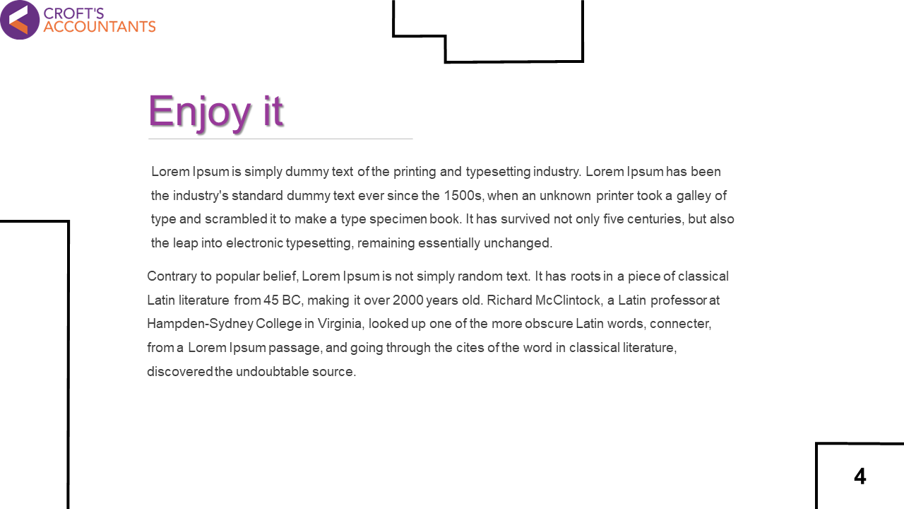 Slide with heading in purple, followed by two sections of text, set on a clean white background.