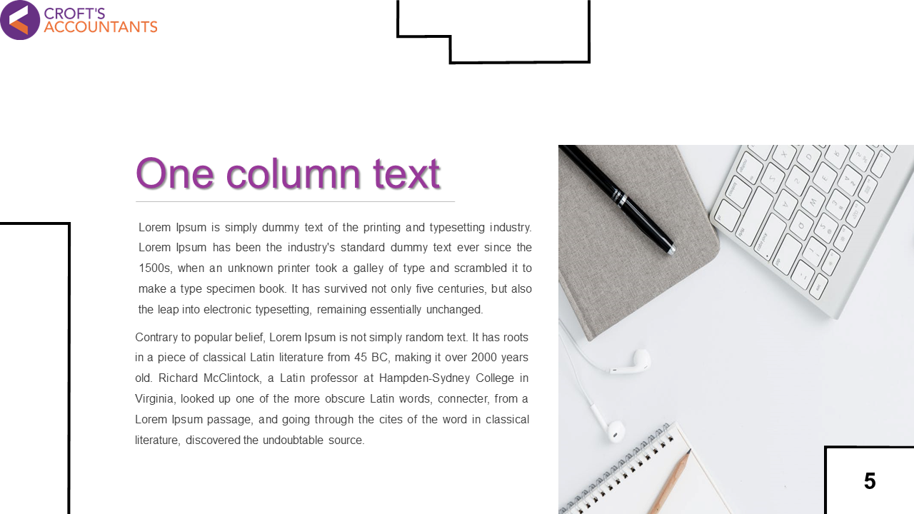 Slide featuring a desktop view with a notebook, pen, and keyboard on a white desk, alongside the title and text.