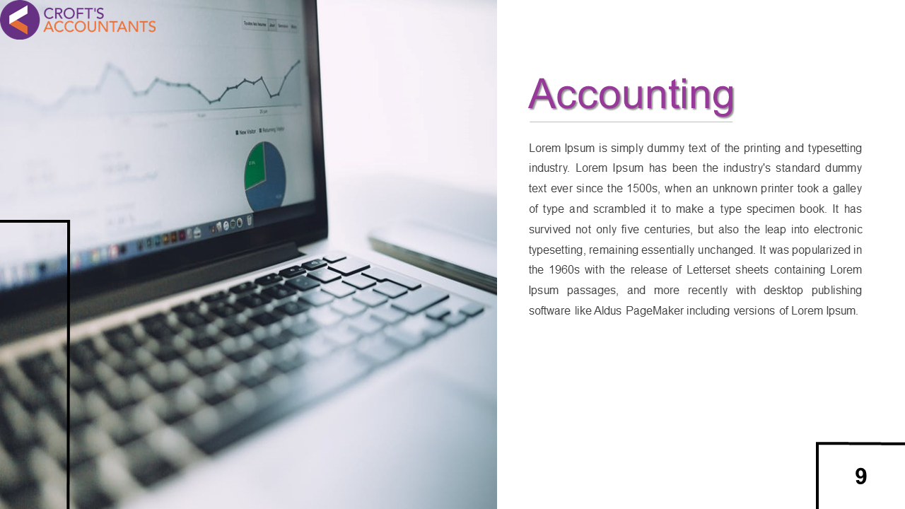 Accounting slide showcasing a laptop displaying data charts, with a focus on the keyboard and a pie chart on screen.